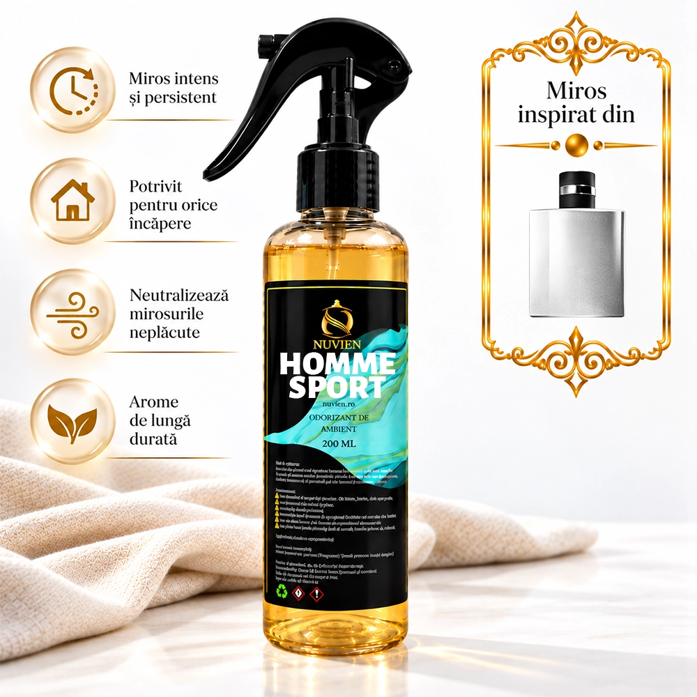 Odorizant 3 în 1 auto, tesaturi și ambient aroma de lux inspirata din Homme Sport, 200ml
