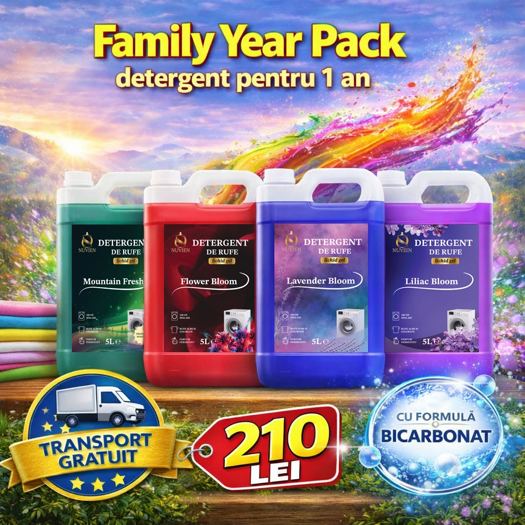 Nuvien Family Pack MIX, Detergent de rufe 4 arome x 5L cu Bicarbonat