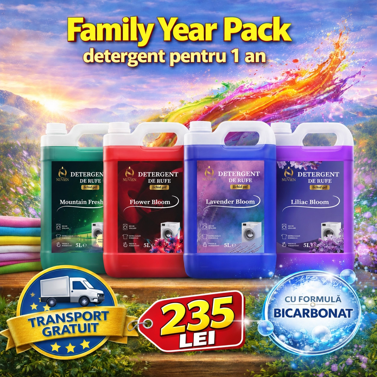 Nuvien Family Pack MIX, Detergent de rufe 4 arome x 5L cu Bicarbonat