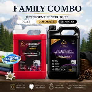 Pachet Detergent Family Combo, pachet complet pentru rufe albe, colorate, negre, 200 spalari, cu bicarbonat de sodiu, flower bloom, alpin forest
