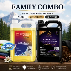 Pachet Detergent Family Combo, pachet complet pentru rufe albe, colorate, negre, 200 spalari, cu bicarbonat de sodiu, golden fresh, alpin forest