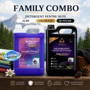 Pachet Detergent Family Combo, pachet complet pentru rufe albe, colorate, negre, 200 spalari, cu bicarbonat de sodiu, lavender bloom, alpin forest