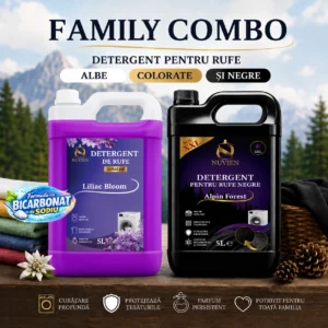 Pachet Detergent Family Combo, pachet complet pentru rufe albe, colorate, negre, 200 spalari, cu bicarbonat de sodiu, liliac bloom, alpin forest