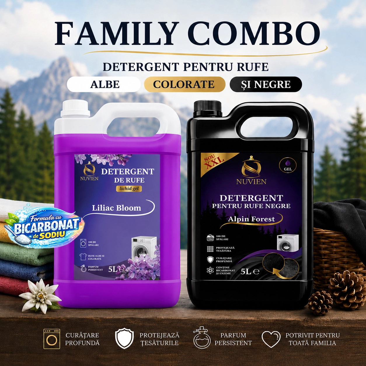 Pachet Detergent Family Combo, pachet complet pentru rufe albe, colorate, negre, 200 spalari, cu bicarbonat de sodiu, liliac bloom, alpin forest