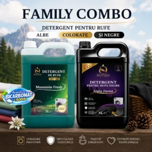 Pachet Detergent Family Combo, pachet complet pentru rufe albe, colorate, negre, 200 spalari, cu bicarbonat de sodiu, mountain fresh, alpin forest