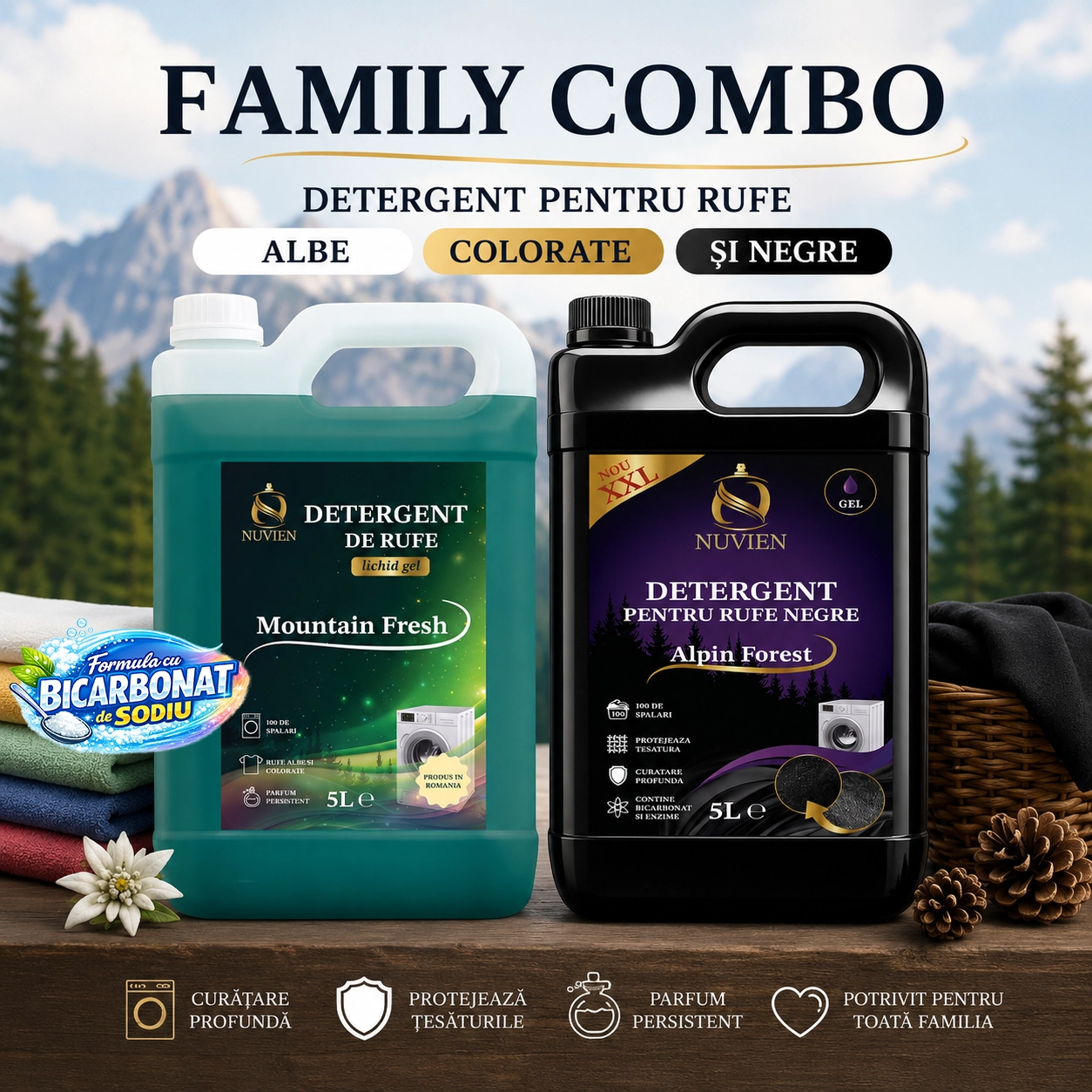 Pachet Detergent Family Combo, pachet complet pentru rufe albe, colorate, negre, 200 spalari, cu bicarbonat de sodiu, mountain fresh, alpin forest