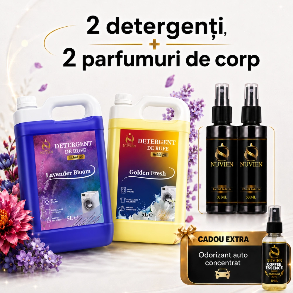 Pachet custom: 2 detergenti, 2 parfumuri de corp, cadou extra