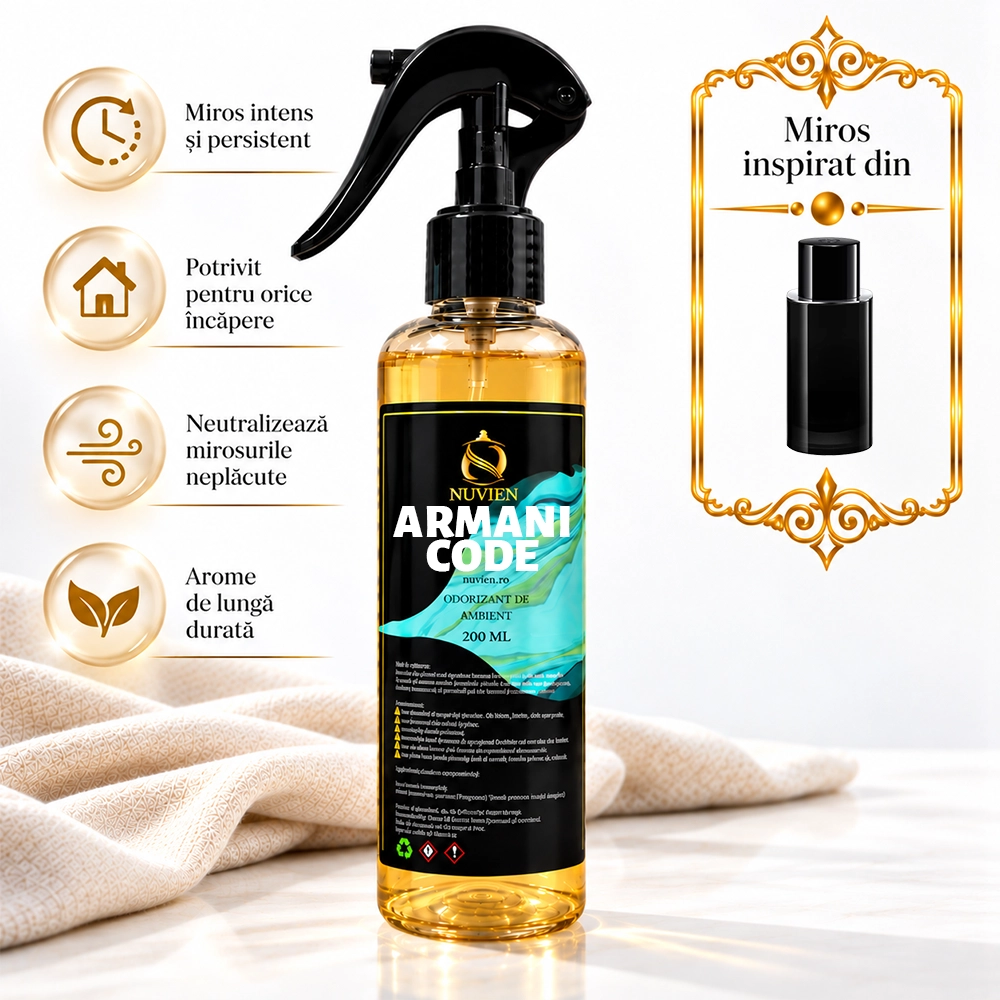 Odorizant 3 în 1 auto, tesaturi și ambient aroma de lux inspirata din ARMANI CODE, 200ml