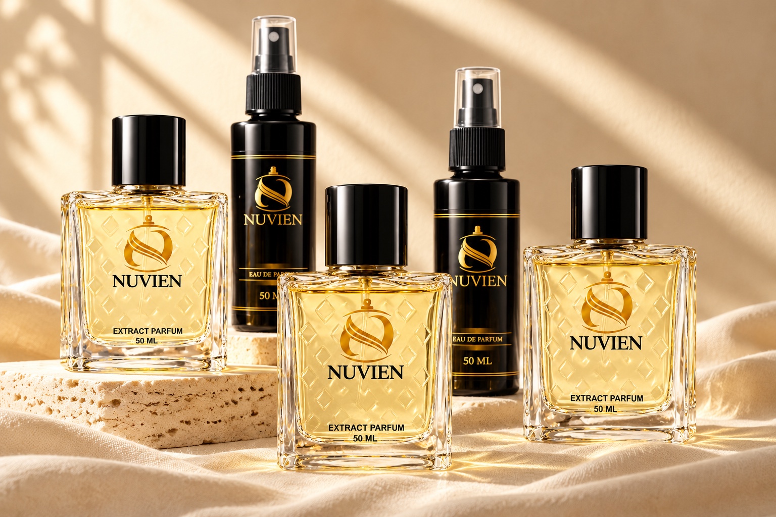 Parfumuri și extracte de parfum Nuvien, în flacoane negre și aurii